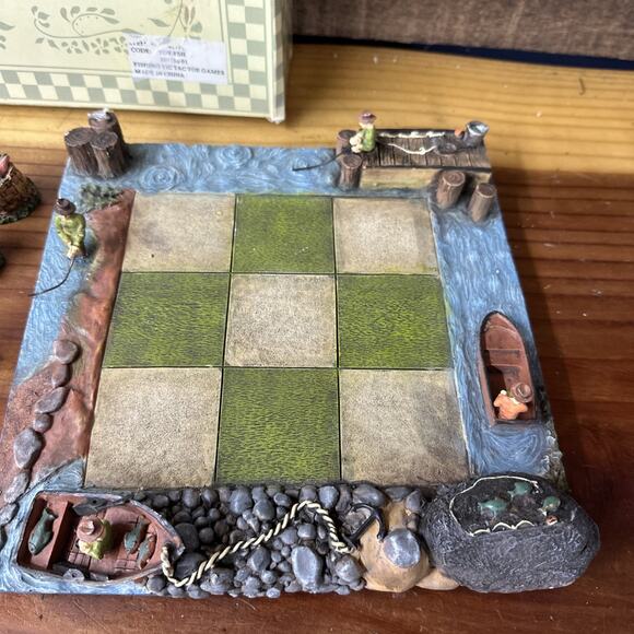 Fisherman Tic Tac Toe Set Shoreline Rowboat Nautical Decor In Box Complete Flaws - Picture 3 of 8